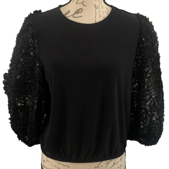 NWT Express Floral Lace 3/4 Puff Sleeve Crew Neck Elastic Hem Top Black Small - Picture 2 of 10